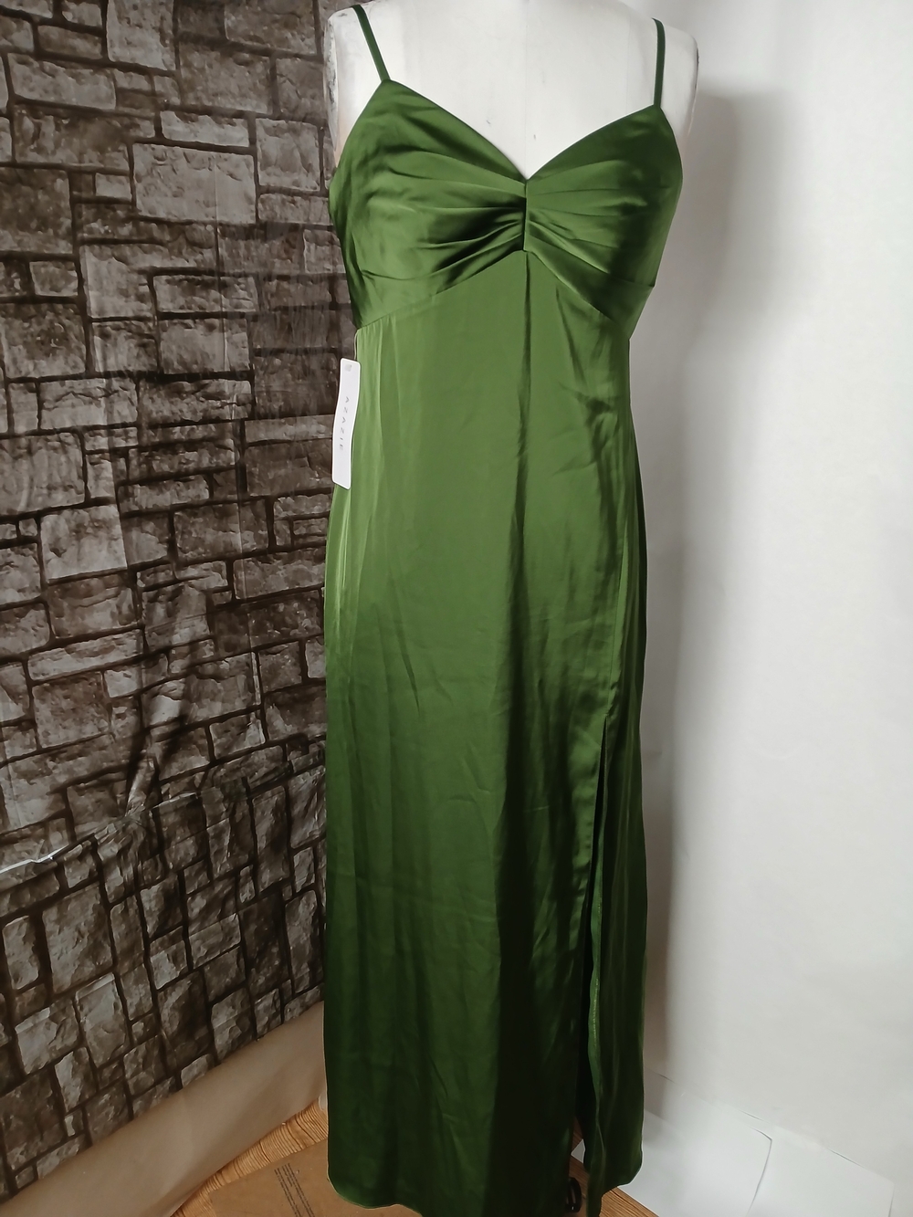 Azazie Olive Green Satin Ruched-Bust Spaghetti-Strap Maxi Dress